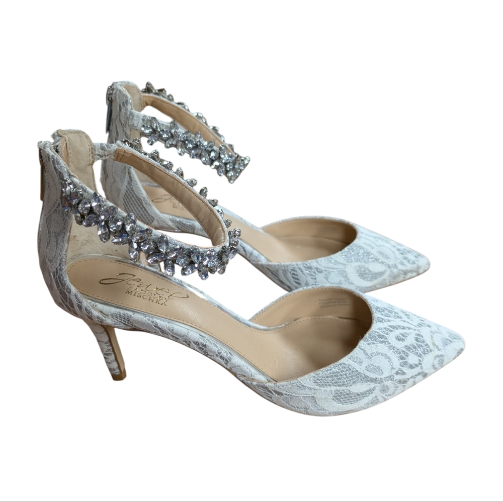 Jewel Badgley Mischka Lace d'Orsay Heels with Crystal Ankle Strap Size 6 Wedding - Picture 14 of 14